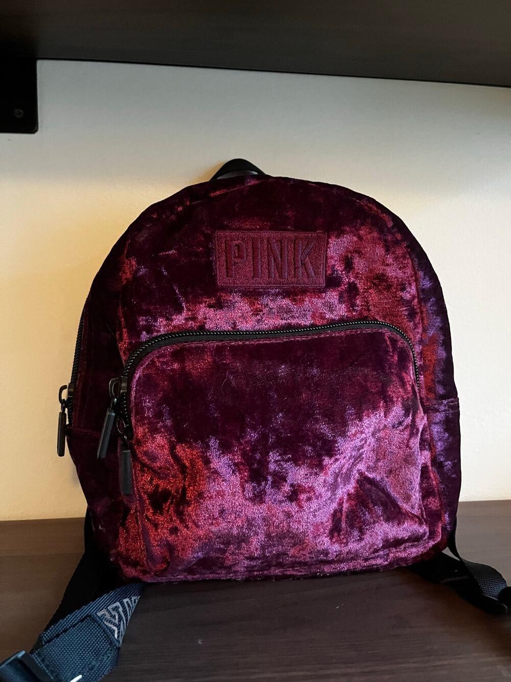 Victoria’s Secret PINK Burgundy Crushed Velvet Mini Backpack Logo Straps Y2K